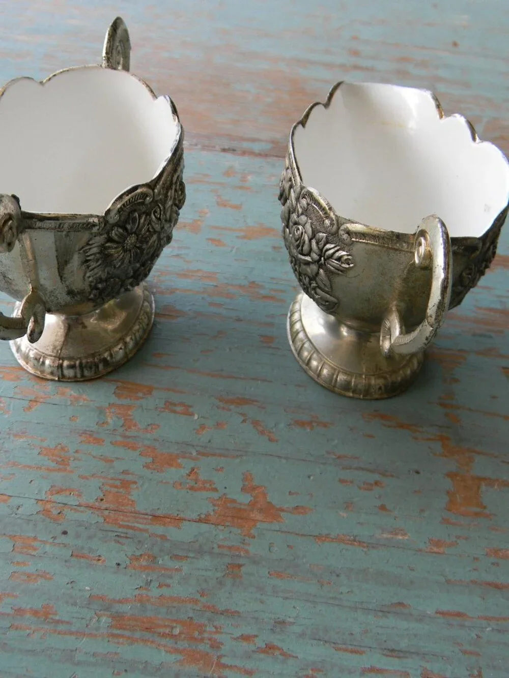 VINTAGE MINI Silver Plated Sugar Creamer Set Porcelain Lined, Floral EMBOSSED